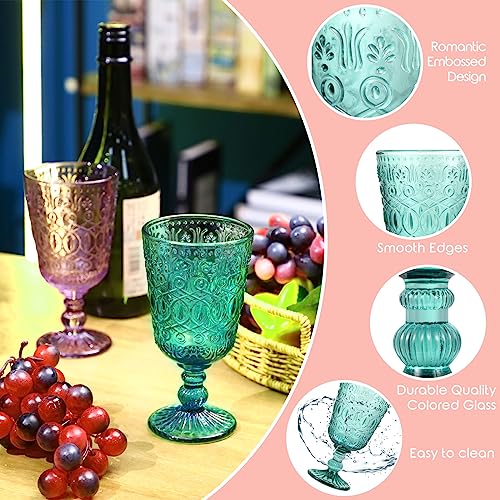 Eaasty Wine Glasses Set of 12 Vintage Goblet 9 oz Vintage Colored Glass Goblet Beverage Stemmed Glass Cups Romantic Embossed Glassware for Wedding Party Holidays Anniversary (Multi Colors)