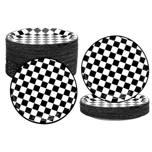 HYMENEX 50 Pcs Checkered Plates, Race Car Plates Black and White 7 inch for Game Day Racing Car Party Supplies Birthday Baby Shower Tableware