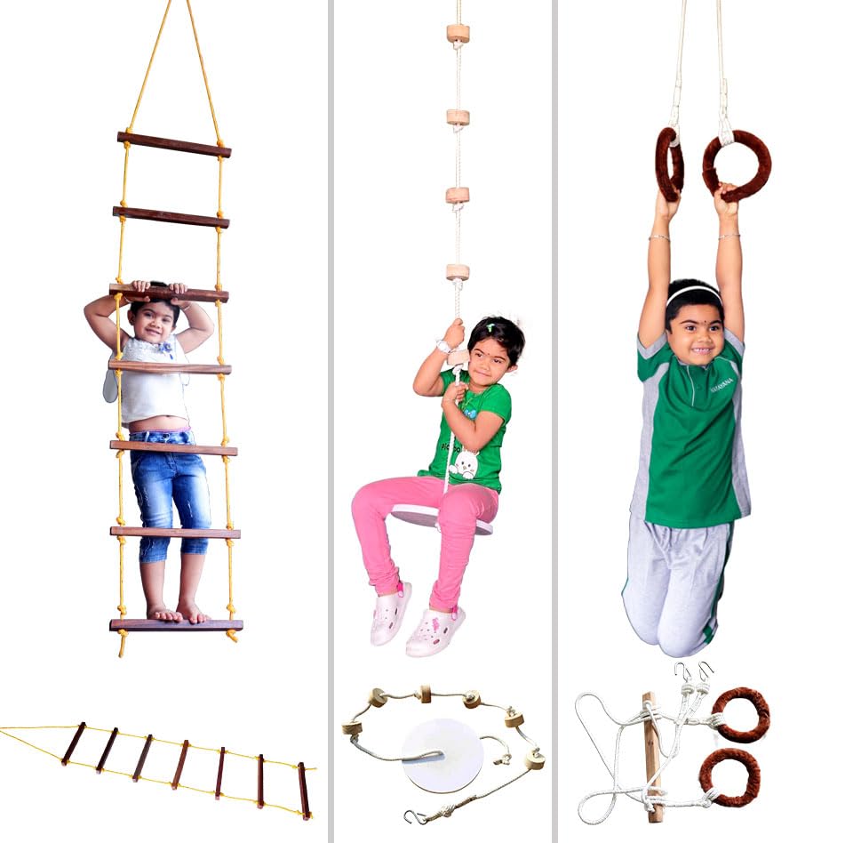 Homecute Playing Equipment for Kids 3 in 1, Disc Swing Set with Ninja Rope Ladder & Trapeze Bar with Rings for Kids Climbing Swing, Indoor & Outdoor Play Structure