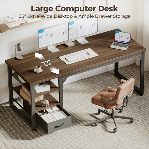 Image of Mericonia 48 in Computer Desk with Drawer, 1 inch Thick Reversible Office Desk | Modern Writing Table with Storage Shelves, Heavy Duty Industrial Study Desk for Home Bedroom Work