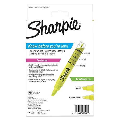 Sharpie Ink Indicator Tank Highlighters, Chisel Tip, Assorted Fluorescent, 4 Count (2021244) #TOP5
