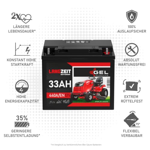 Foto von Langzeit Rasentraktor Batterie 12V 33Ah GEL Batterie Starterbatterie Aufsitzmäher Rasenmäher statt 26Ah 28Ah 30Ah 32Ah 35Ah