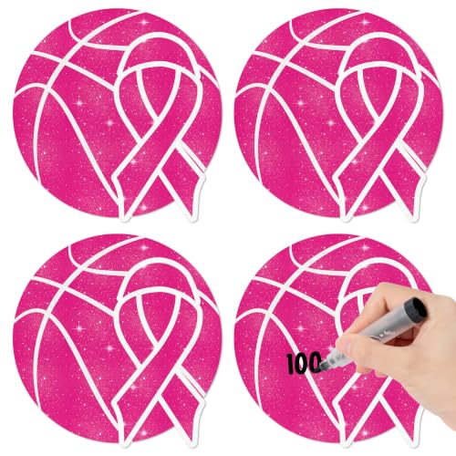 Image of Hot Pink Basketball Glitter Cutouts for Breast Cancer Awareness Supplies | 100Pcs Glitter Pink Basketball Cuts for Sports Party Birthday Favor Sports Ball Shape DIY Paper Cuts for Bulletin Board Decor