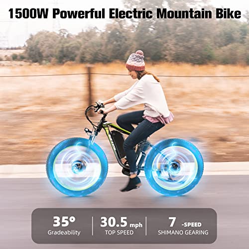 1500W Electric Bike For Adults, 26" Fat Tire Electric Mountain Bicycle, 48V 22.4Ah Removable Li-Ion Battery, Max 30.5Mph E-Bike Snow Beach,Electric Bicycle With Shimano 7 Speed Suspension Fork #TOP1