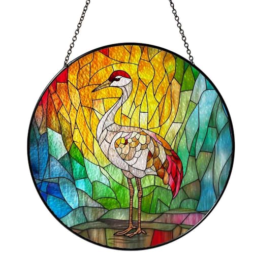Stained Glass Sandhill Crane Ornaments Suncatcher - Crane Decor Gifts for Women Men Birds Lovers - Window Hanging Decorations for Home Wall Kitchen - Christmas Birthday Housewarming Gift