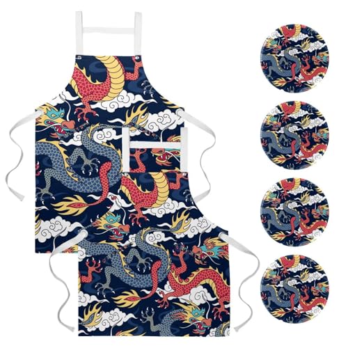 Tablier de cuisine lot de 2 style dragon chinois multicolore pour restauration et pâtisserie