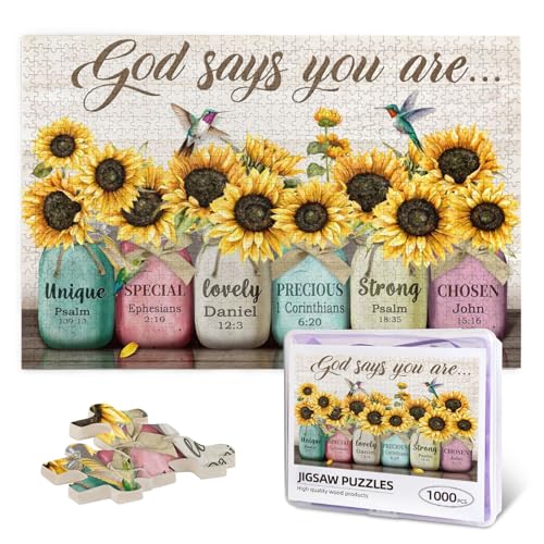 Christian Puzzles for Adults 1000 Pieces Religious Sunflower Puzzle Bible Verses Flower Challenging Wooden Jigsaw Puzzles for Family Unzip Game - God Says You are