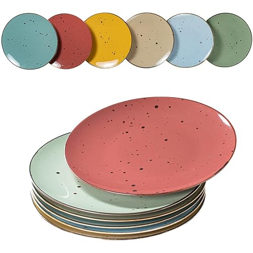 Dinner Plates 11 inch Set of 6 - Microwave, Oven, Dishwasher Safe, Scratch Resistant, Porcelain Durable Dishes for Steak, Pizza, Home & Restaurant, Party, Gifts - Vivid Assorted Colors
