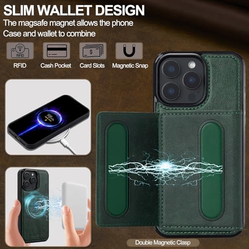 Coque magnétique iPhone 15 Pro Max portefeuille résistant aux chocs vert - 6