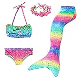 Cola de Sirena Niña 4pcs Traje de Baño Mermaid Bikini Establece Disfraz de Sirena para Niña Princesa Cosplay Conjuntos con Diadema de Flores