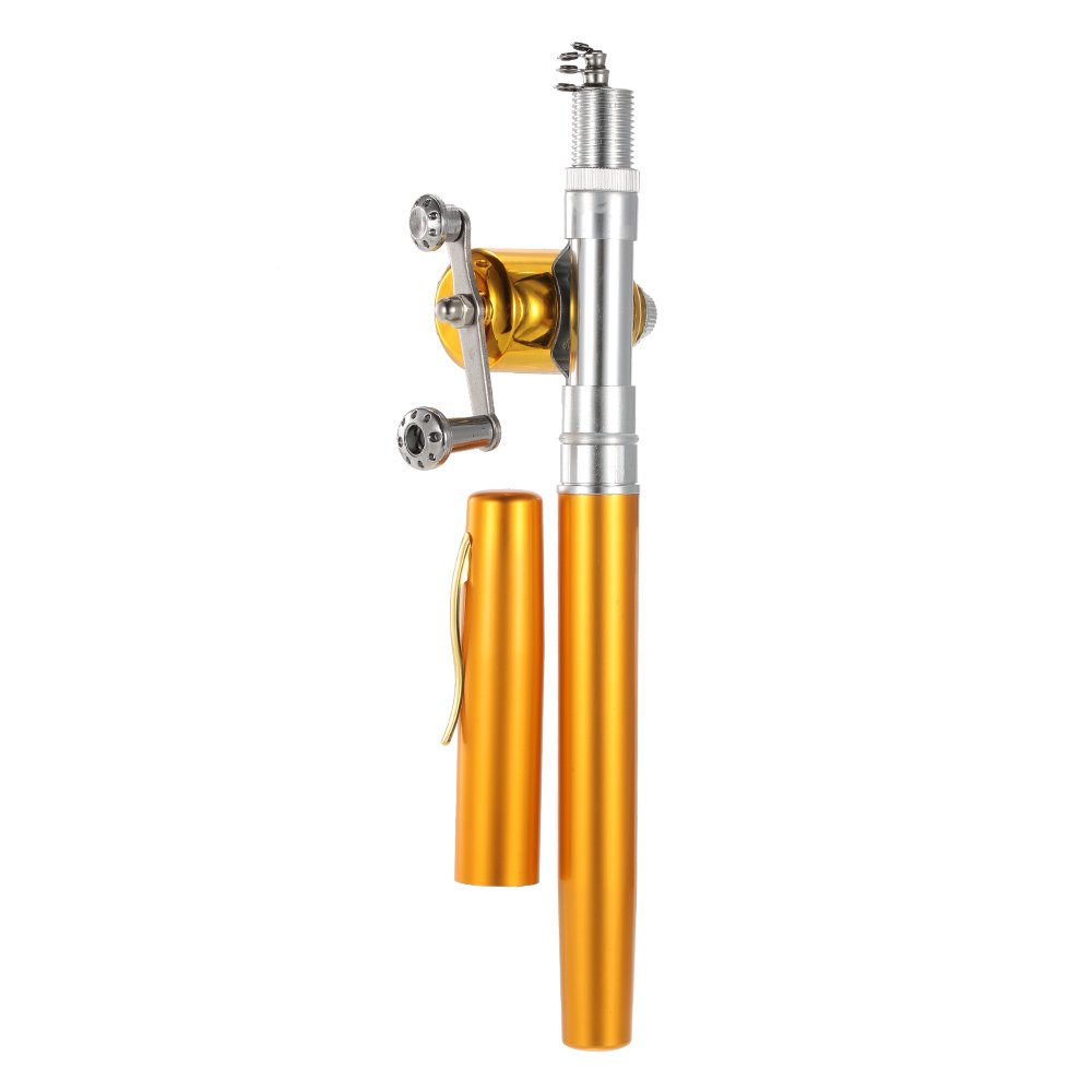 Lixada Reel Fishing Rod Combo Zestaw mini przenośnych kieszonkowych pióro teleskopowe wędki Polak + szpula ze stopu aluminium Miękka linia wędkarska przynęta Jig Haki (złote)