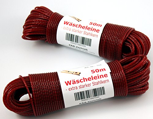 K&B Vertrieb Wäscheleine 50m mit Stahleinlage Stahlseil Stahlseilwäscheleine Wäsche Leine extra stark 704 (Rot) Cover