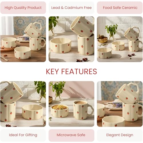 Image of The Earth Store Cream Apple 250ML Ceramic Bowl Set of 2 & 300ML Coffee Mug Set of 2 | Microwave & Dishwasher Safe Mug and Bowl Combo Set for Serving Tea Snack | Perfect for Gifting & Daily Use