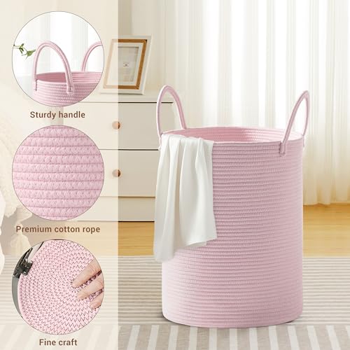Image of 58L Tall Cotton Rope Laundry Basket with Handles, Pink
