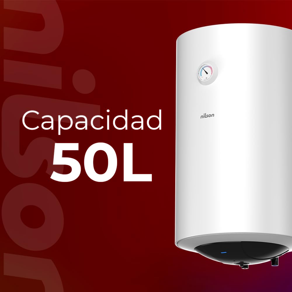Nilson Termo Eléctrico Vertical 50 Litros NT5000. Instalación Vertical, 1500W, Incluye Kit de Montaje, Resistencia de Acero inoxidable, Blanco, Eficiencia Energética Clase C — view 2