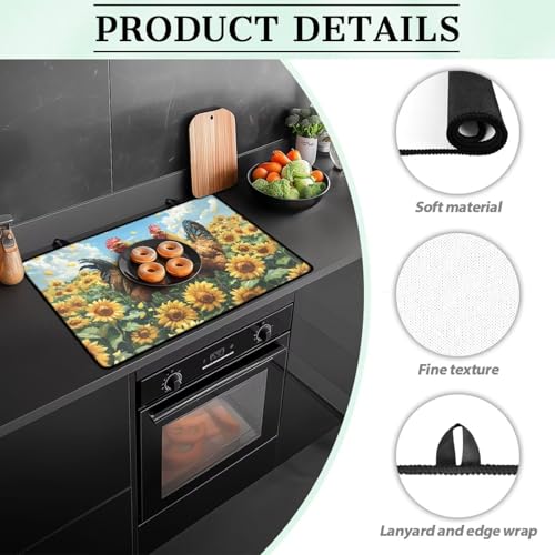Image of Sunflower Rooster Induction Cooktop Protector Mat, Wear Resistant Stove Top Cover, Extra Large Dish Drying Mat, Folding Dust Cover for Gas Burners, Scratch-resistant Countertop Protector
