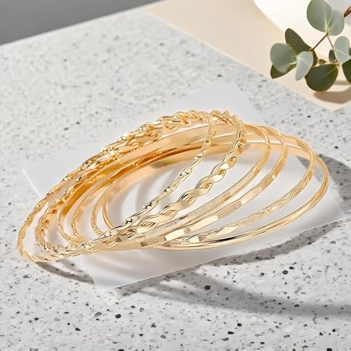 Gold Bangle Bracelet, 6 Pcs Gold Plated Dainty Layered Chain, 14K Layer Stackable Cuff Bracelet Set for Women (Gold)4
