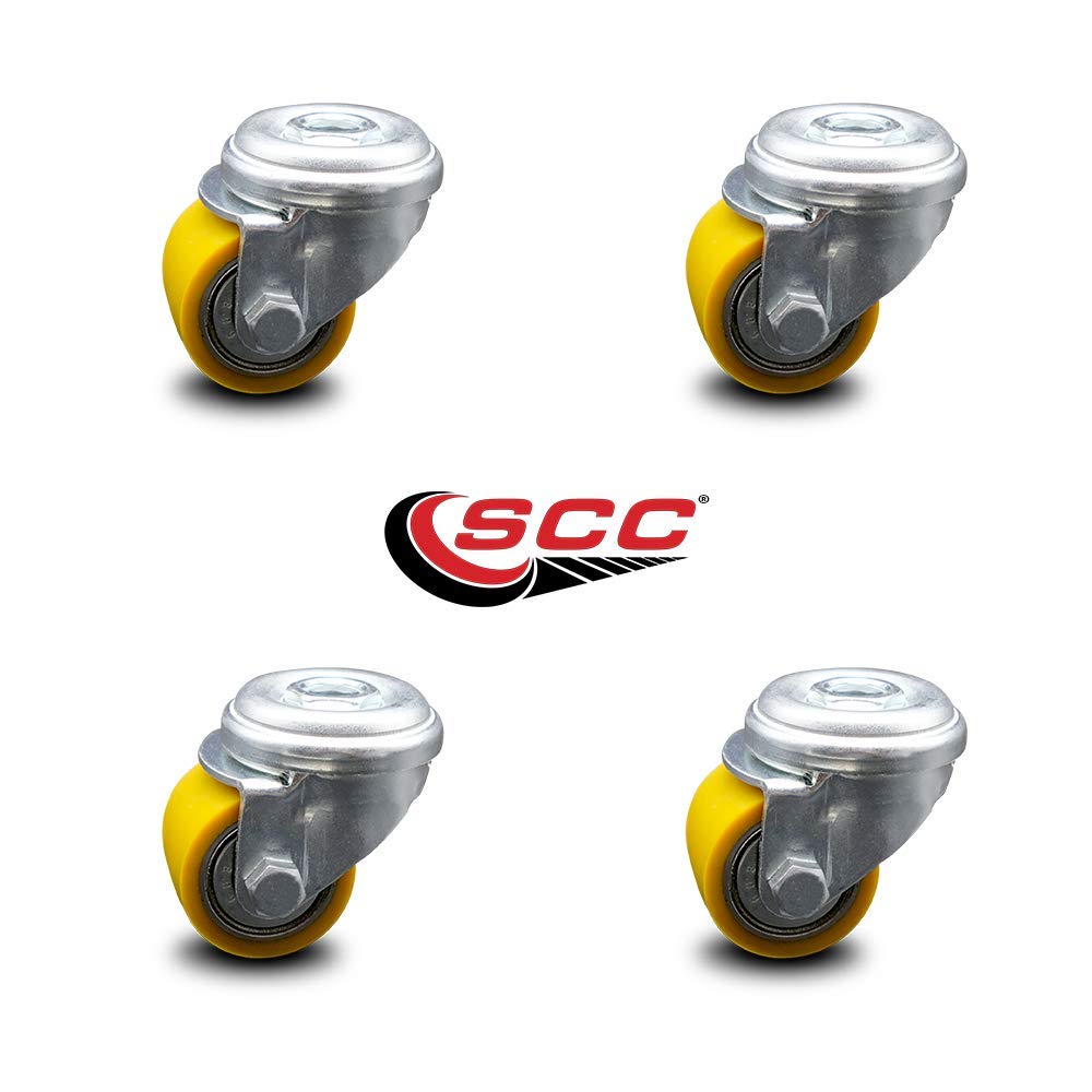 Low Profile Polyurethane Swivel Bolt Hole Caster Set of 4 w/35mm x 27mm Yellow Wheels - 880 lbs Total Capacity - Service Caster Brand