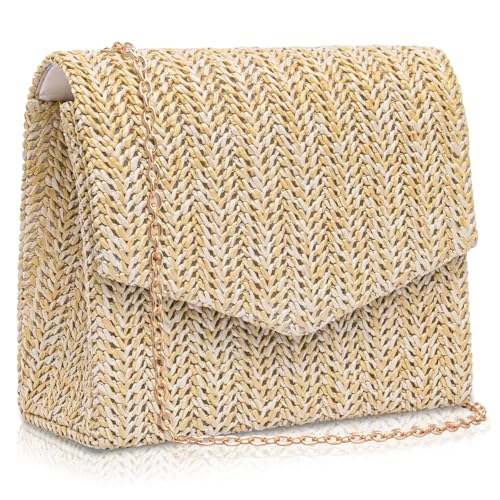 Image of Larcenciel Straw Clutch Purses for Women, Woven Beach Purse w /Chain, Summer Boho Evening Handbag for Wedding, Prom, Vacation