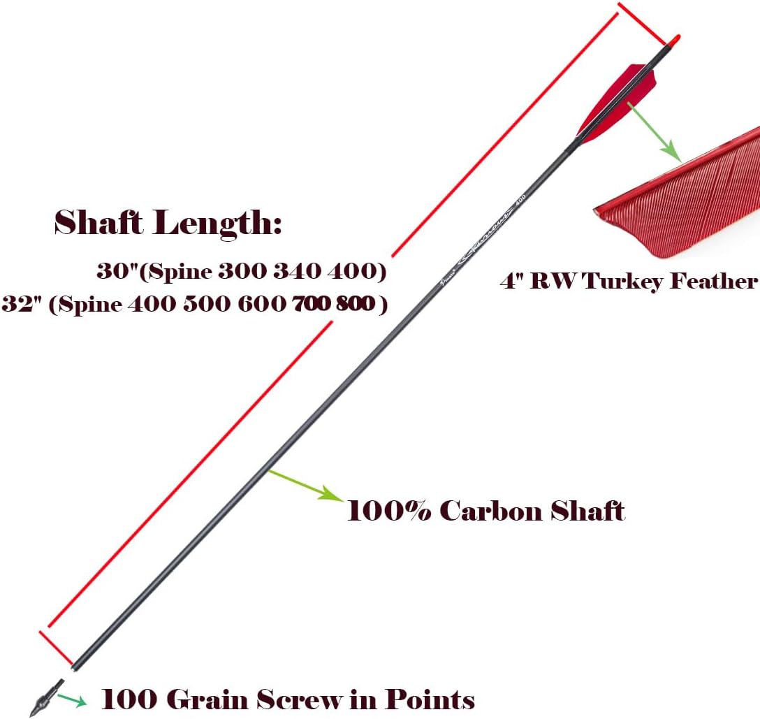 Archery 300 340 400 500 600 700 800 Spine Carbon Arrows for Compound Recurve Bow Traditional Longbow 30 32 Inch Shafts Hunting Target Feather Arrow 12PCS