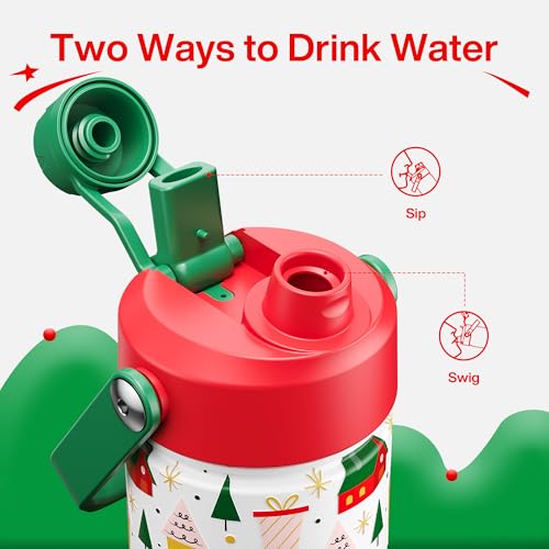 Image of ENCOOL Christmas Insulated Water Bottle with Straw, Stainless Steel Water Bottle, Leak Proof BPA-Free, Keeps Cold for 24 Hours for Sports, Christmas Holiday Gifts for Women, 26 oz, Bright Holiday