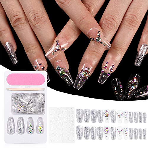 Silver Glitter Diamond Press on Nail Tips Clear Extra Long Coffin Coloured Rhinestone False Nails French Ballerina Fake Fingers Nail 3D Tips with 1 glue sticker sheet,1 mini nail file,1 wooden stickr