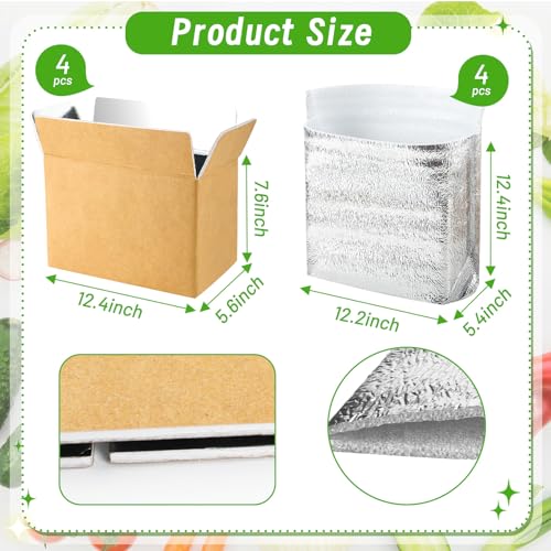 Image of Convivium 4 Pack Insulated Shipping Boxes with Foil Liner Bags, Reusable Thermal Cooler Mailing Cartons for Cold Pack Shipping, Hot & Frozen Food Delivery, 12''x5.5''x7.5''