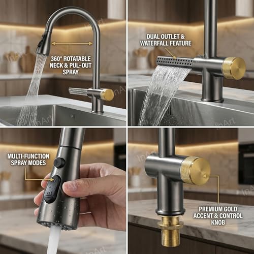 Image of InArt Brass Waterfall Kitchen Sink Mixer Tap /Faucet 360 Rotatable Pull Out Kitchen Faucet Multi-Function (Grey Black)