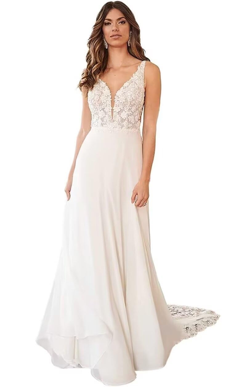 Femmes Dentelle Appliques Robe de mariée Robes de mariée à manches longues Col en V Bureau civil Mode de mariée Robes de mariée