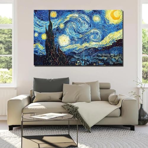 Peinture abstraite la nuit étoilée en toile 50x70cm avec cadre intérieur pour salon