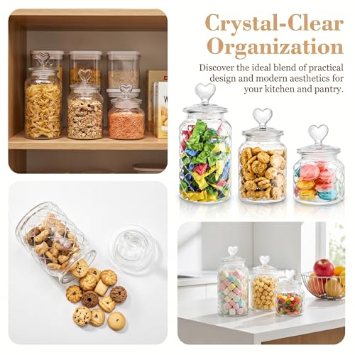Image of Hiceeden Set of 3 Cute Glass Jars with Airtight Lids, Candy & Cookie Food Storage Containers with Heart-shaped Handle, Glass Canister with Grid Texture for Coffee Beans, Flour, Sugar, 22 /32 /45oz