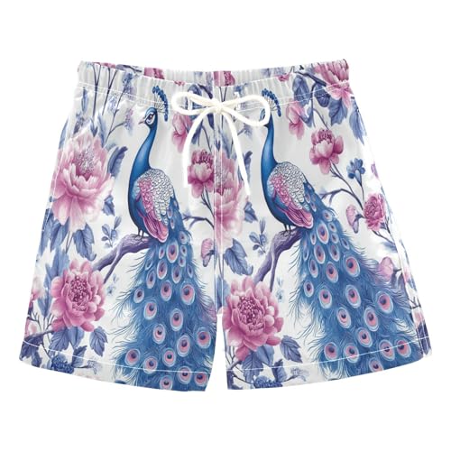Swim Trunks Boys 8-10 Peacock Among Pink Flowers Swim Shorts with Liner Bathing Suit Swimsuit Teen Boy Swim Trunks,L