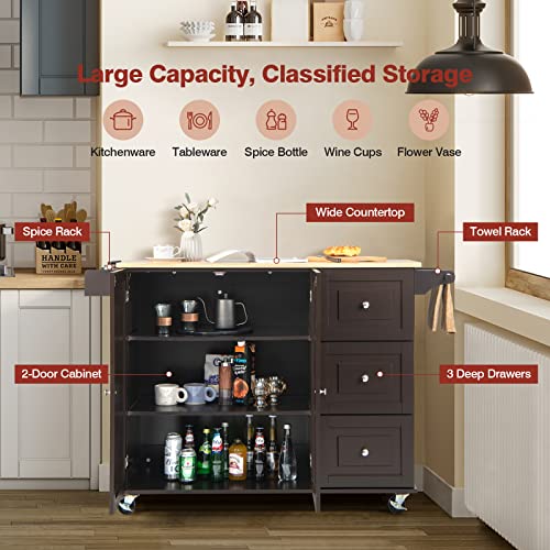Goflame Kitchen Island Cart With Drop Leaf, Rolling Kitchen Cart On Wheels With Rubber Wood Top, 3 Drawers, Towel & Spice Rack, 2-Door Cabinet, Serving Trolley Cart For Kitchen Dining Room, Brown #TOP1