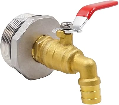 Rain Barrel Spigot Kit, 2 in BSPP Thread Adapter, Brass Valve | Confirm bung pitch; not for coarse-thread blue plastic barrels. Includes a brass valve with 5/8 in hose barb and EPDM gasket