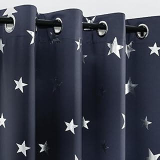 Anjee Blackout Curtains, 2 Panels Set Navy Blue Eyelet Blackout Curtain with Silver Foil Printed Star Pattern for Boys Kids Bedroom Playgroup, 46 x 54 inches
