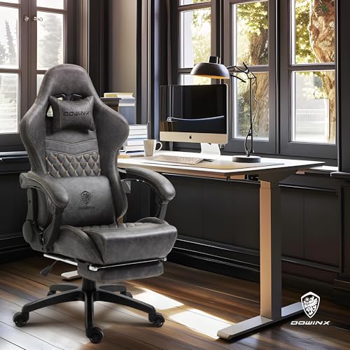 Dowinx Big & Tall Vintage Gaming Chair for Adults, 400 lb Capacity Heavy Duty Ergonomic Computer Chair with Massage Lumbar, Footrest & Easy Side Recline, Grey - Thumbnail 2