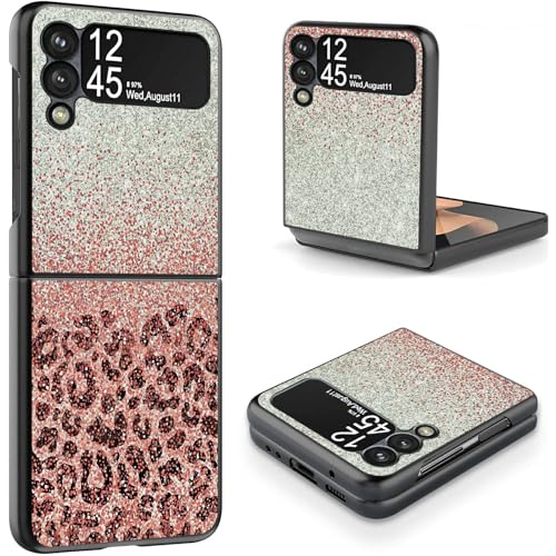SROJDHFJB Pink Leopard Glitter Print for Samsung Galaxy Z Flip 3 Phone Case, Slim Lightweight Case Hard PC Wireless Charging Women Cover for Galaxy Z Flip 3