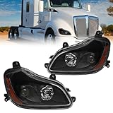 Sunhua Headlight Assembly Fit for Kenworth T680 2013-2021, Halogen Headlights Headlamps W/Bulbs Black House Black, A Pair of Headlight Assembly