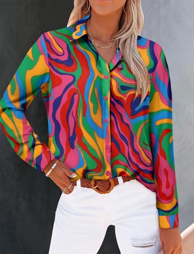 Image of Magritta Women's Shirts Fashion Casual Loose Fit Long Sleeve Button Down Lightweight Collared Blouse Tops