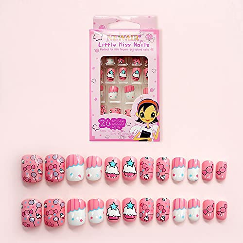 24 Pcs Kids Fake Nail For Girls Gift, Press On Nails Color Candy Cake Pattern Short Self-Adhesive False Nails Artificial Nail Tips, Lovely Gift For Little Girls Nail Art Decoration (1 Box) #TOP1