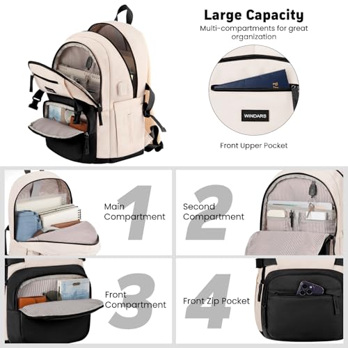 Image of WINDARS Backpack for School Girls, Cute High School Backpacks for Teens Women Student Large Bookbag 15.6 Inch Laptop Bag with USB Charger Port for College Work Travel Trip 3 Pcs(Black Beige)