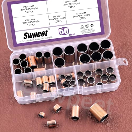 Swpeet 50cs 5 Größe mm × 8 Löcher × 10 × 12 Löcher × 14 mm Hülsenlager Sortiment Kit, Gleitlager eingewickelt ölige Steckdosen, Bronze Sinterhülse Lager