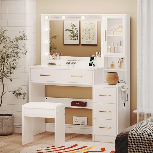 Image of 35.4 inch Makeup Vanity Desk with Charging Station, White Makeup Dressing Table with Mirror & Lights, 3 Lighting Modes Adjustable Brightness, Vanity Table with Power Outlet & 5 Drawers Gold Handle