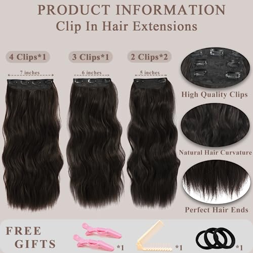 Nayoo 4Pcs Clip In Hair Extensions Dark Brown Long Wavy Curly Synthetic Thick Hairpieces For Women With Fiber Double Weft Hair Full Head（20 Inch, Dark Brown） #TOP1