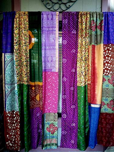 Rajbhoomi Handicrafts Indian Light-Filtering Sari Colorful Curtains- Multi Color Patchwork Recycle Curtains And Drapes Window Home Decor Curtain 2 Pieces (Assorted) #TOP18
