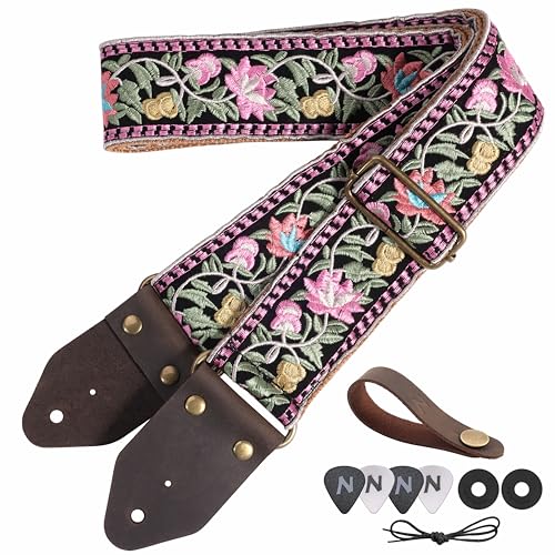 Nefelibata Guitar Strap,Jacquard Embroidery Cotton Guitar Straps with Crazy Horse Leather Ends for Bass Electric & Acoustic