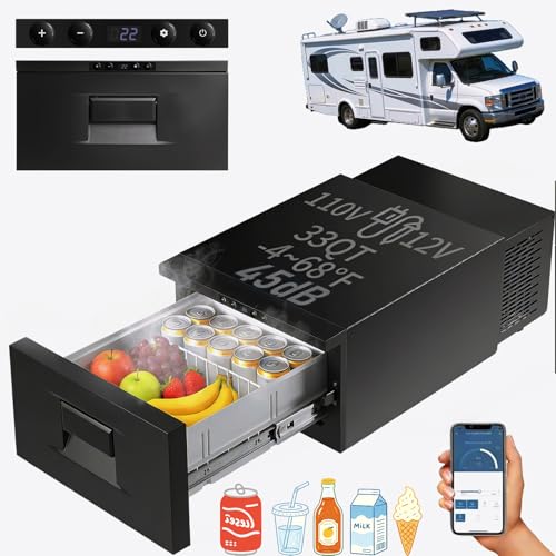 12V RV Drawer Fridge 33QT(31L), 30° Anti-Shaking RV Car Portable Refrigerator, -4℉-68℉, APP Control, 45dB, Adjustable Shelves, Portable Drawer Fridge Freezer for Truck SUV Travel Camping, 12/24V DC