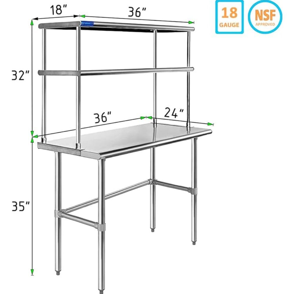 Express KitchQuip Stainless Steel Open Base Table with Wide Double Tier Overshelf | Metal Kitchen Prep Table & Shelving Combo (24
