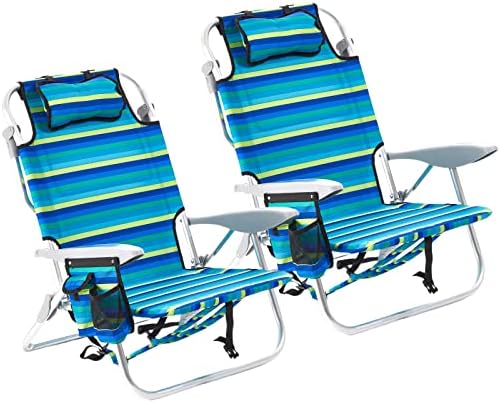 Canpsky 2 Pack Lightweight Portable Camping Beach Chair for Adults, Outdoor Lay Flat Folding Beach Chairs with 4 Positions, Backpack Beach Chair with Towel Bar, Cooler Pouch, Cup Holder, Ocean Striped