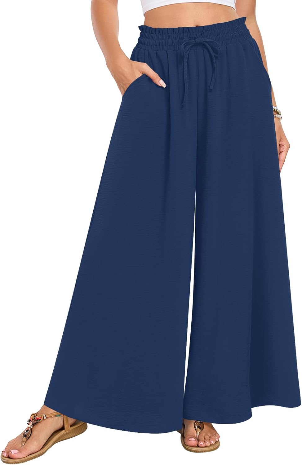 Netsmile Women's Wide Leg Palazzo Pants Dressy Flowy Casual High Waist Drawstring Beach Boho Trousers with Pockets